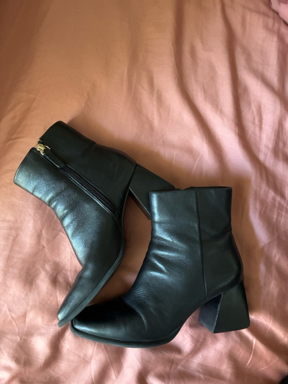 GB Black Leather Ankle Booties with Block Heel